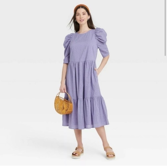 A New Day Round Neckline Elbow Length Sleeves Knee Length Purple Eyelet Dress M - Picture 1 of 10